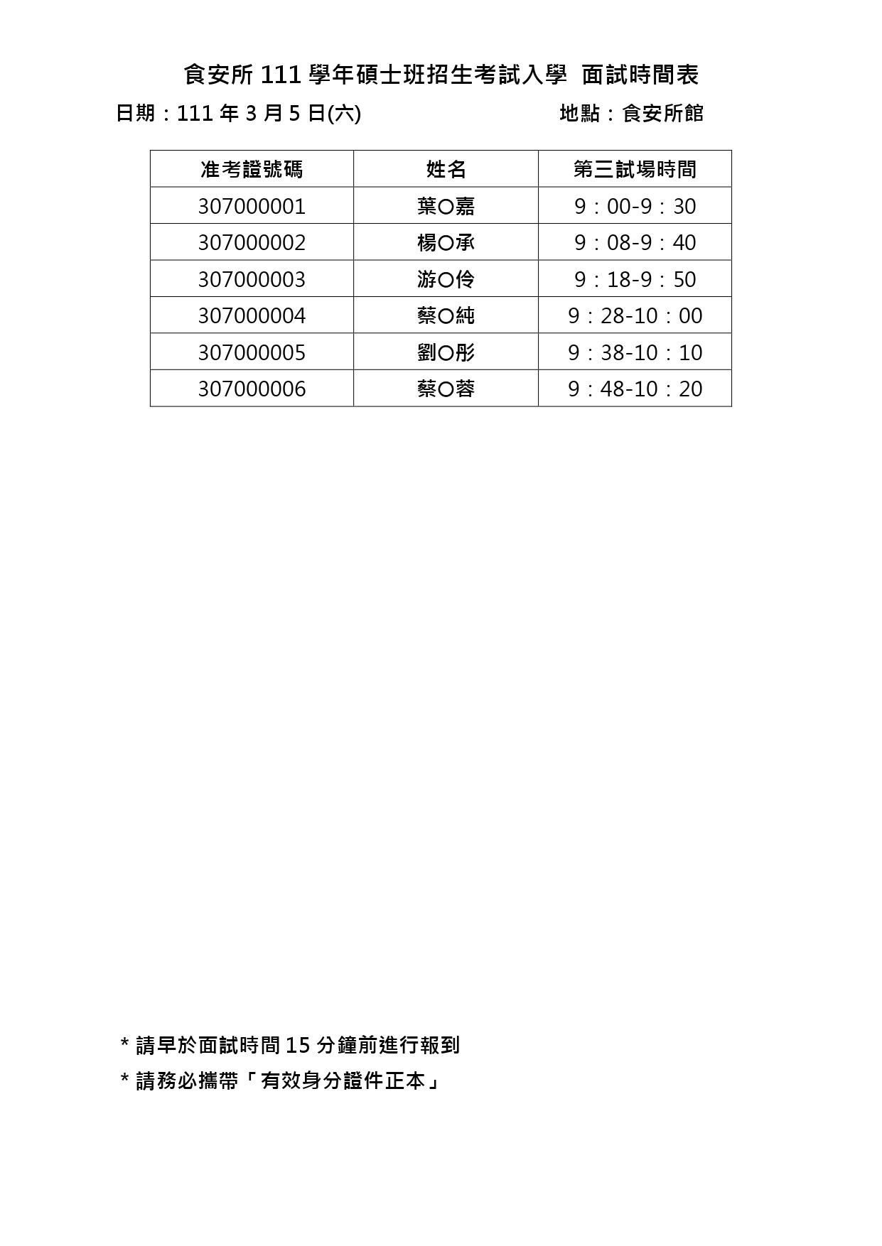 面試時間表